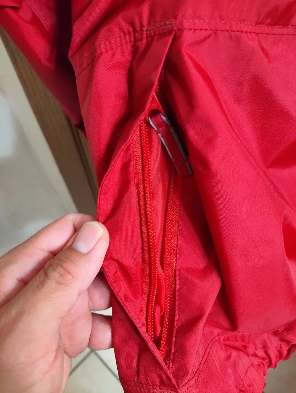Columbia Red Hooded Windbreaker with Navy and Gray Stripes